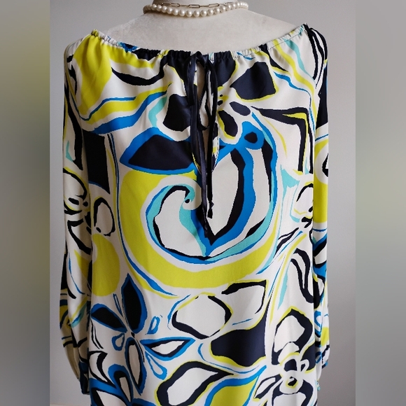 Banana Republic Silk Dress Abstract Floral Navy Blue Yellow Shift Tropical Sz M - Picture 4 of 15